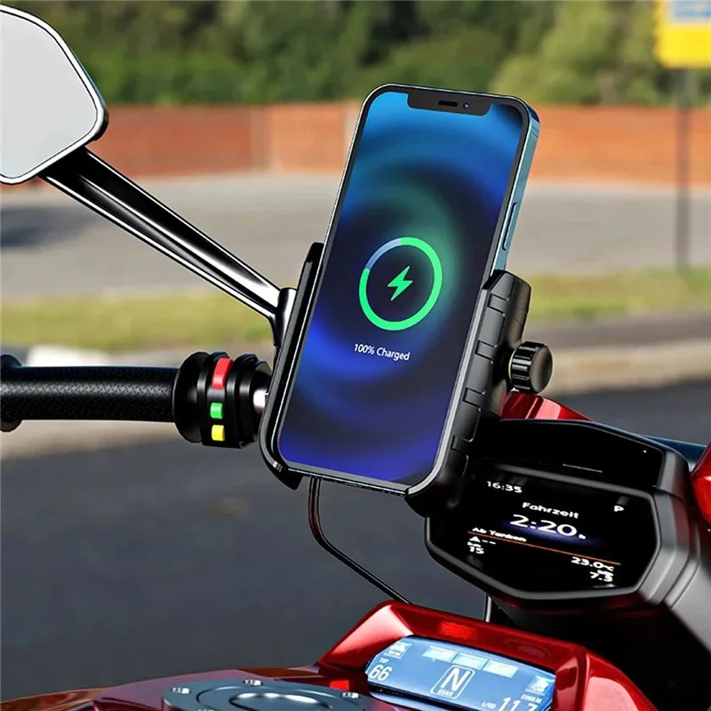 Suporte do telefone da motocicleta com carregador sem fio, carregamento rápido USB