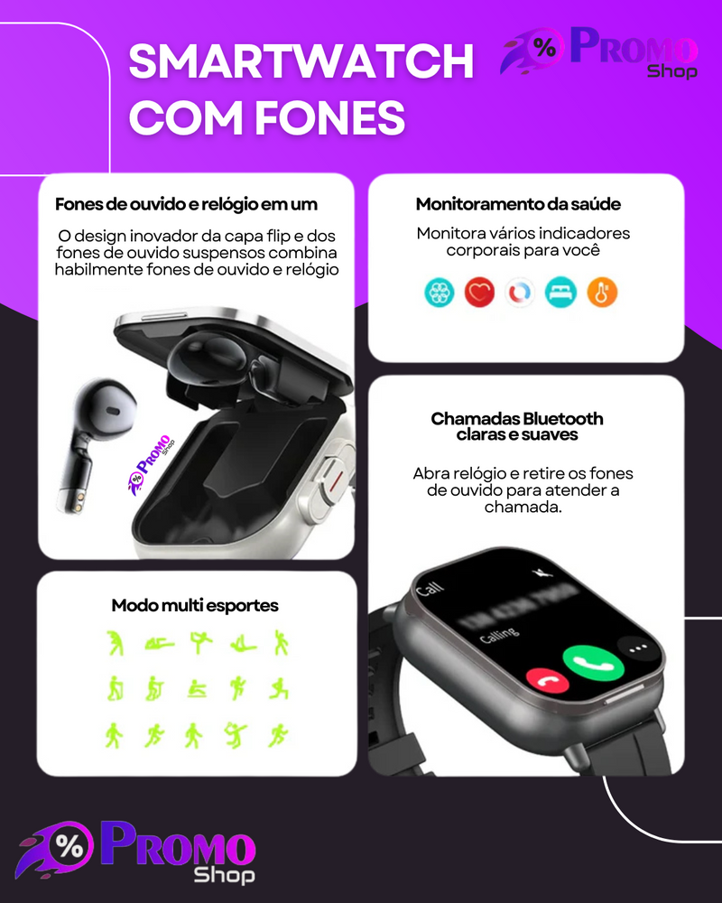 Relógio inteligente 2 em 1 com fone de ouvido smartwatch bluetooth