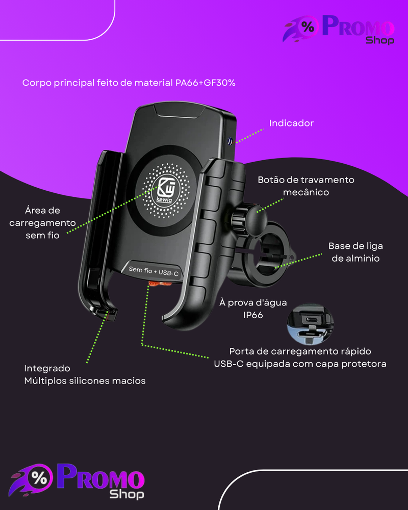 Suporte do telefone da motocicleta com carregador sem fio, carregamento rápido USB