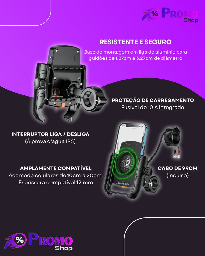 Suporte do telefone da motocicleta com carregador sem fio, carregamento rápido USB