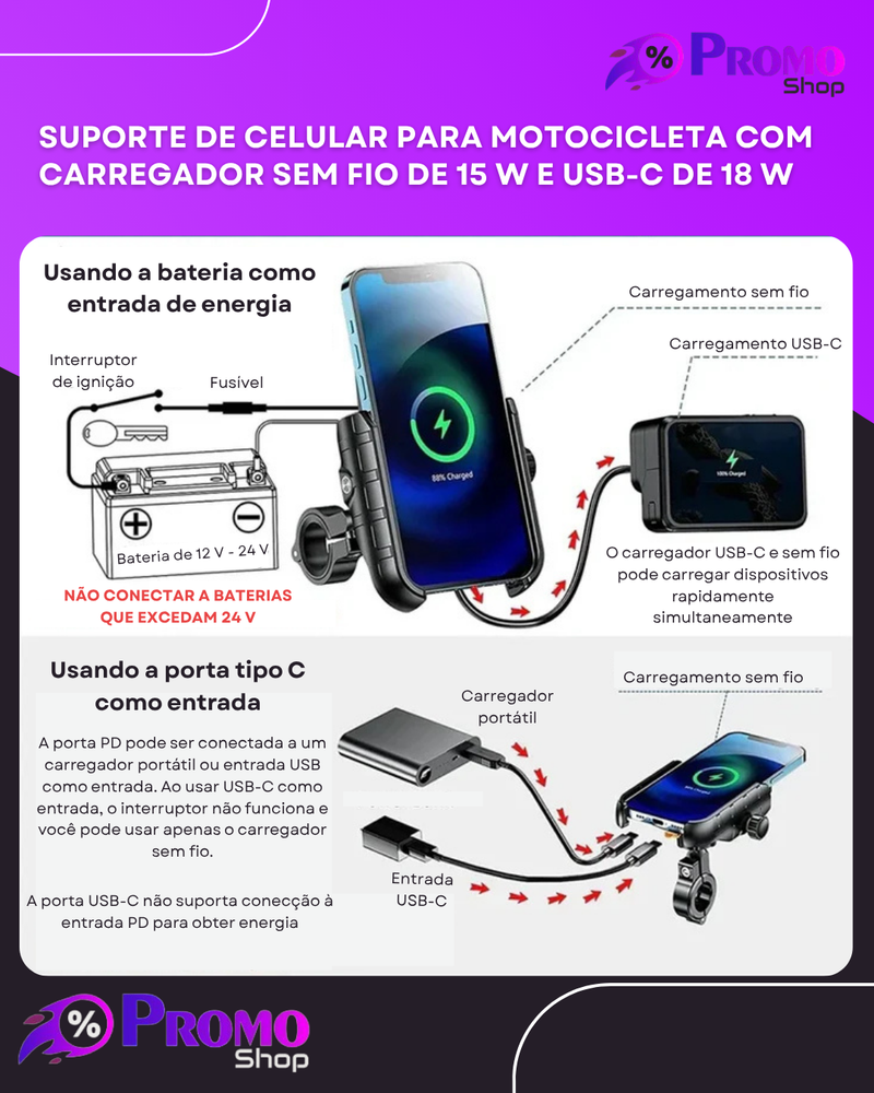 Suporte do telefone da motocicleta com carregador sem fio, carregamento rápido USB